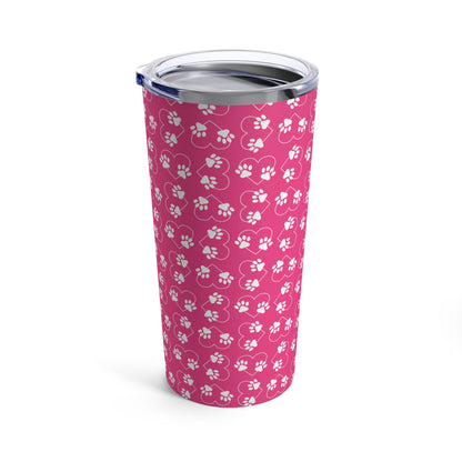 Pet Travel Tumbler, Paw Print Stainless Steel Tumbler, Pink Paw Prints, Hearts 20 oz Travel Tumbler