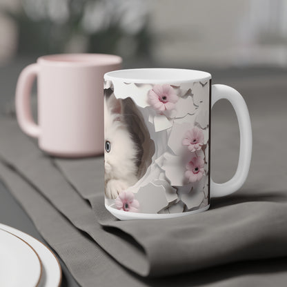 Cute White Kitten Ceramic Mug, Pink & Brown — Floral Peek-A-Boo Coffee Cup (11/15/20oz)