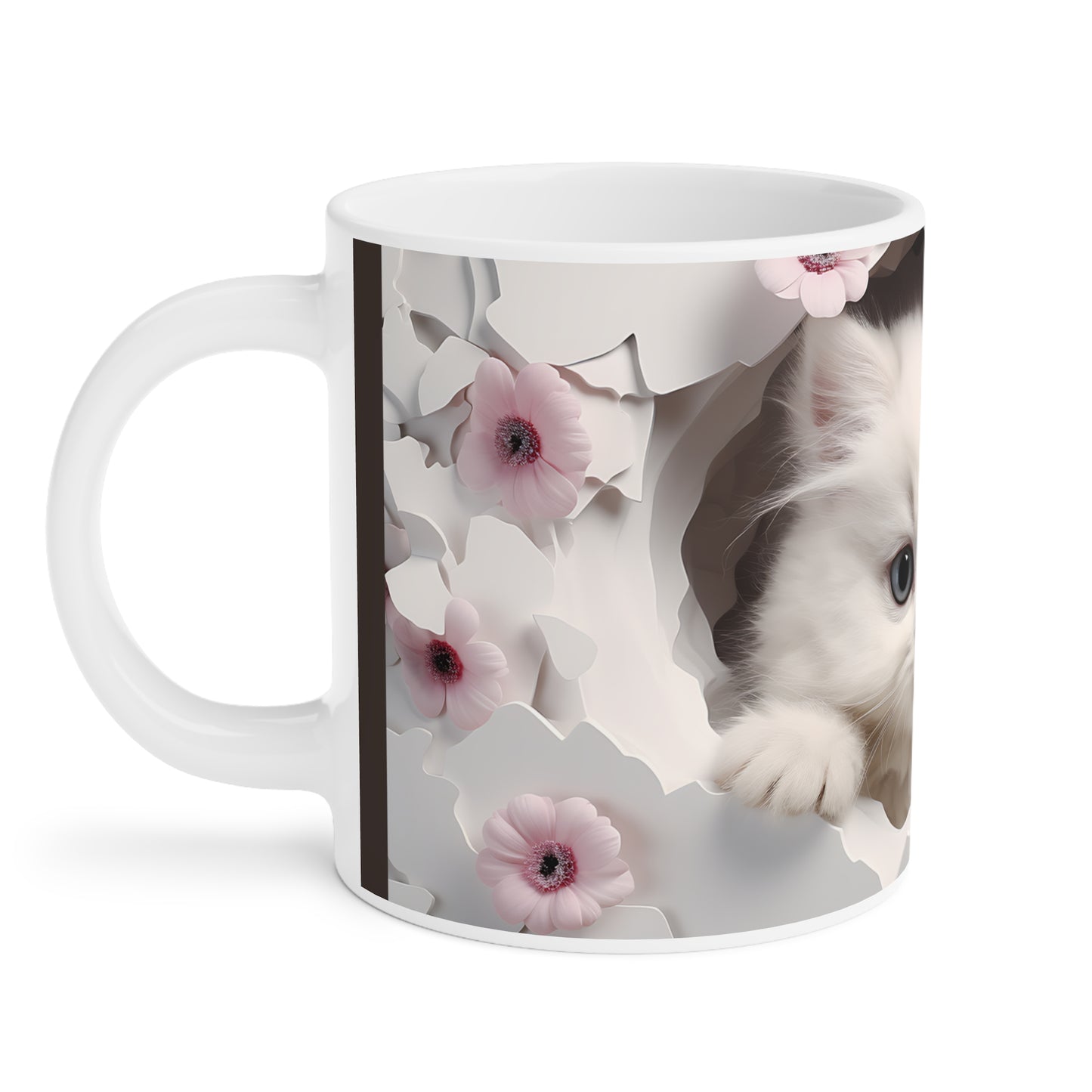 Cute White Kitten Ceramic Mug, Pink & Brown — Floral Peek-A-Boo Coffee Cup (11/15/20oz)