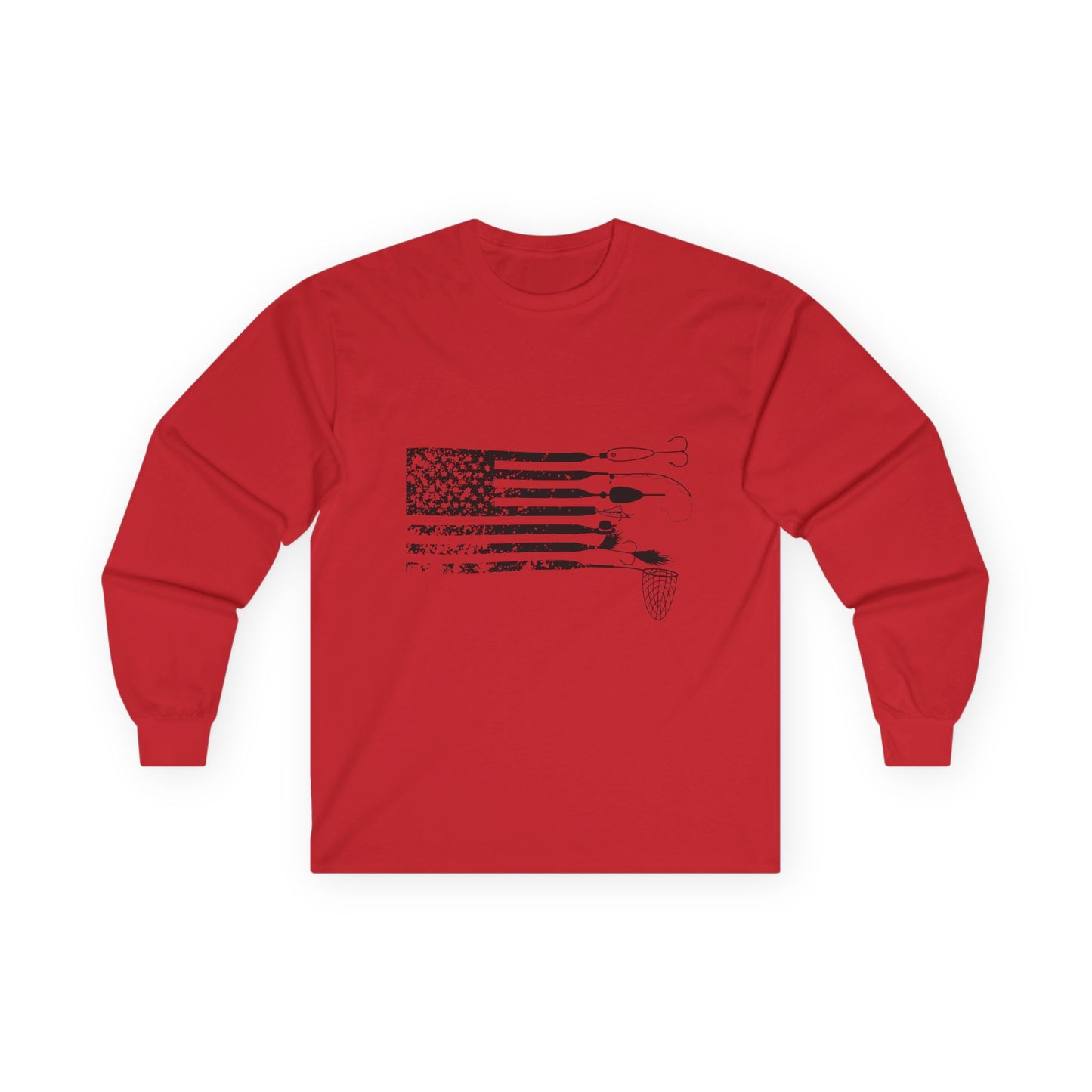 Angler American Flag — Distressed USA Lure Flag, Gildan Long Sleeve Tee