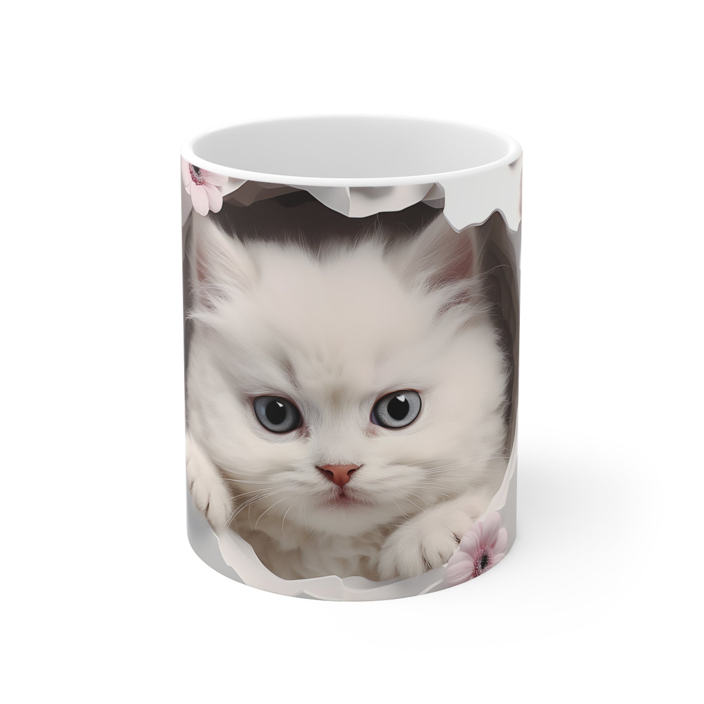 Cute White Kitten Ceramic Mug, Pink & Brown — Floral Peek-A-Boo Coffee Cup (11/15/20oz)