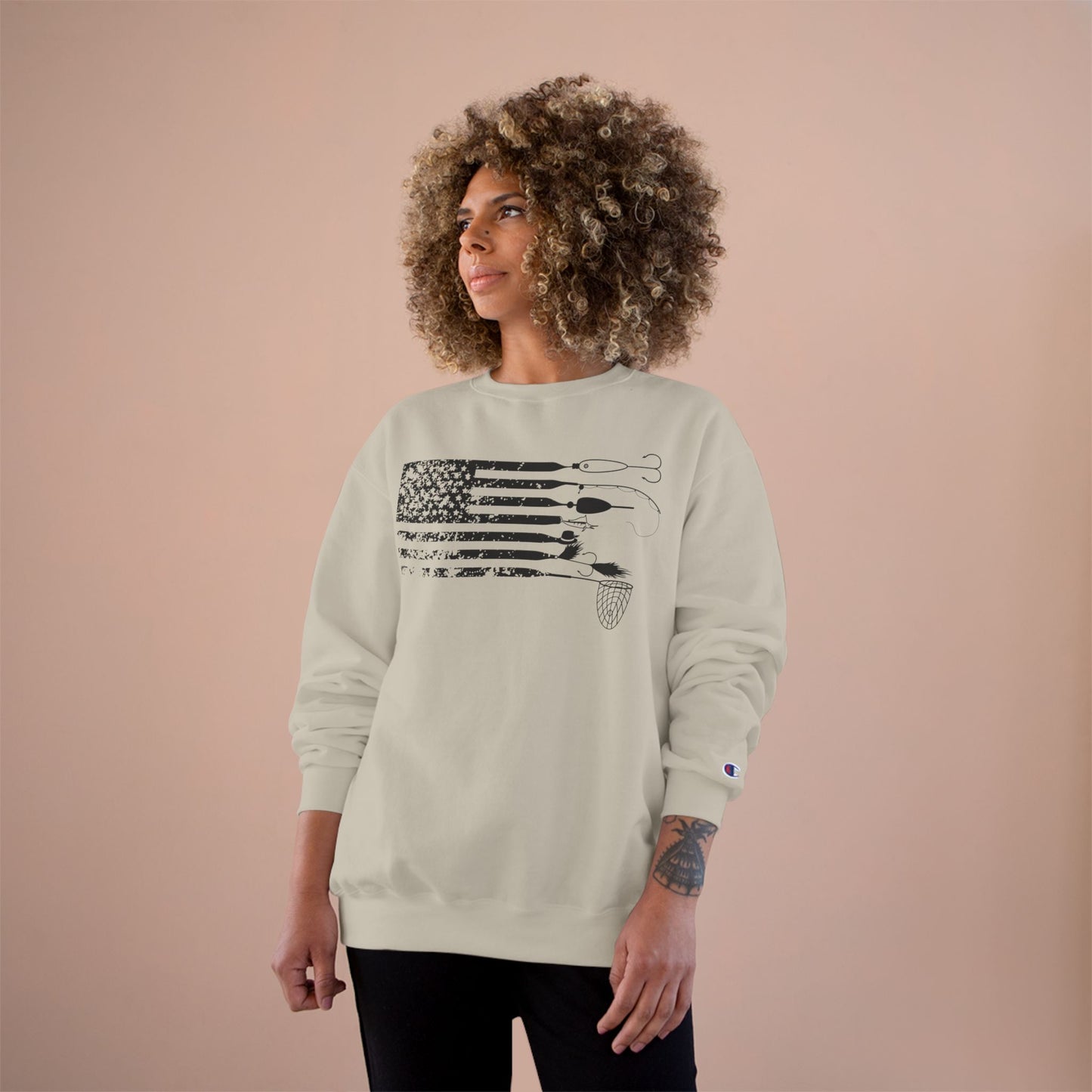 Distressed USA American Angler Lure Flag Top -  Champion Crewneck Top