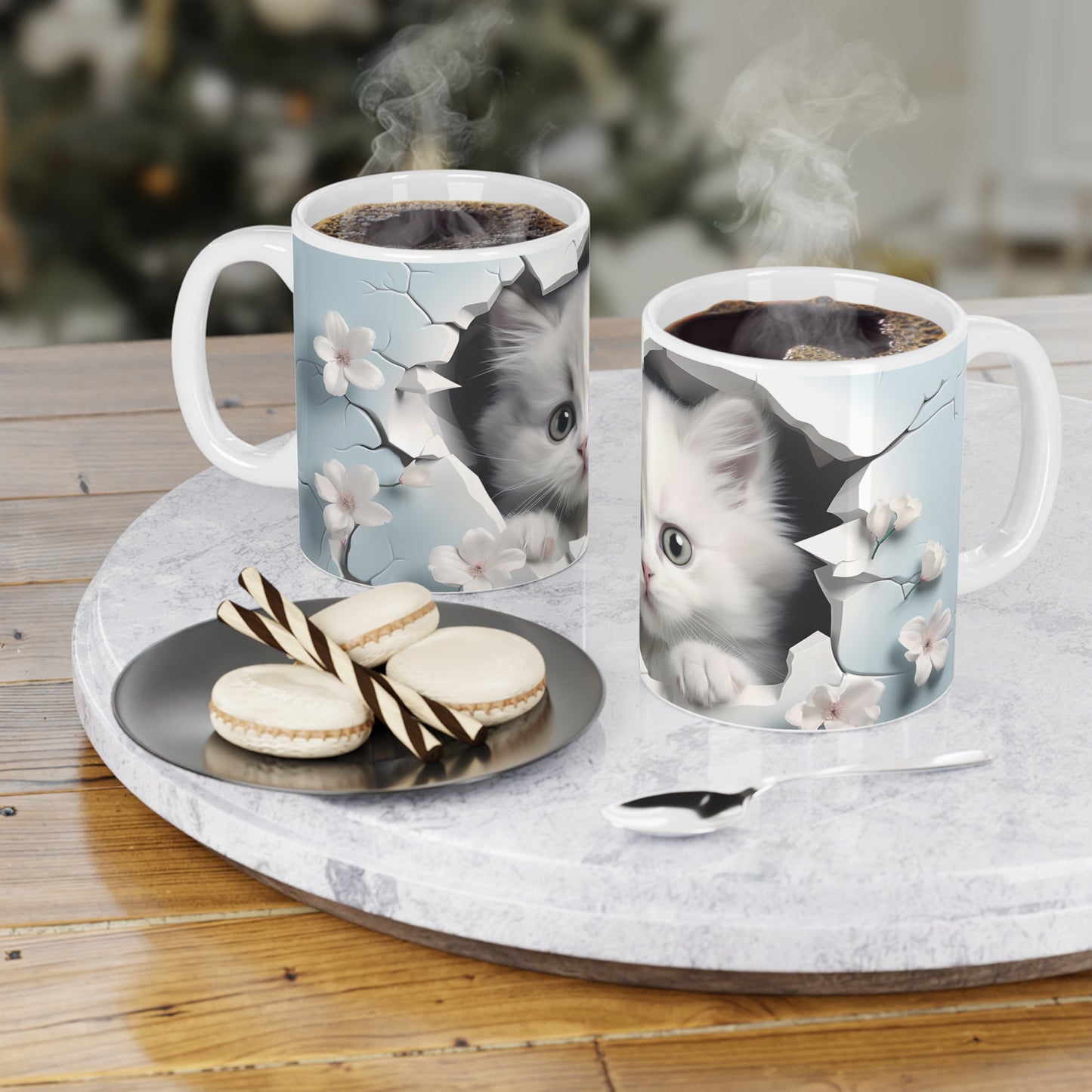Cat Coffee Cup - Kitten & Cherry Blossom Ceramic Mug, Baby Blue (11/15/20oz)