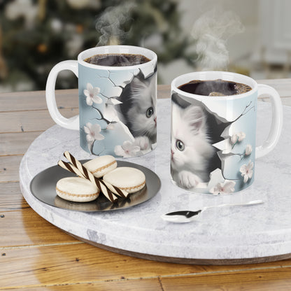 Cat Coffee Cup - Kitten & Cherry Blossom Ceramic Mug, Baby Blue (11/15/20oz)