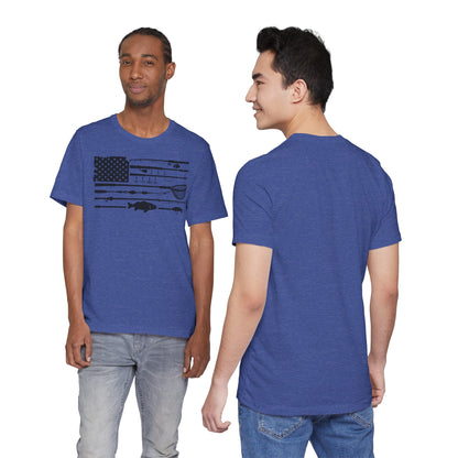 Fishing Gear American Flag T‑Shirt — Angler Rods & Lures Patriotic Tee