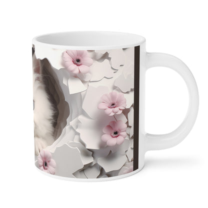 Cute White Kitten Ceramic Mug, Pink & Brown — Floral Peek-A-Boo Coffee Cup (11/15/20oz)