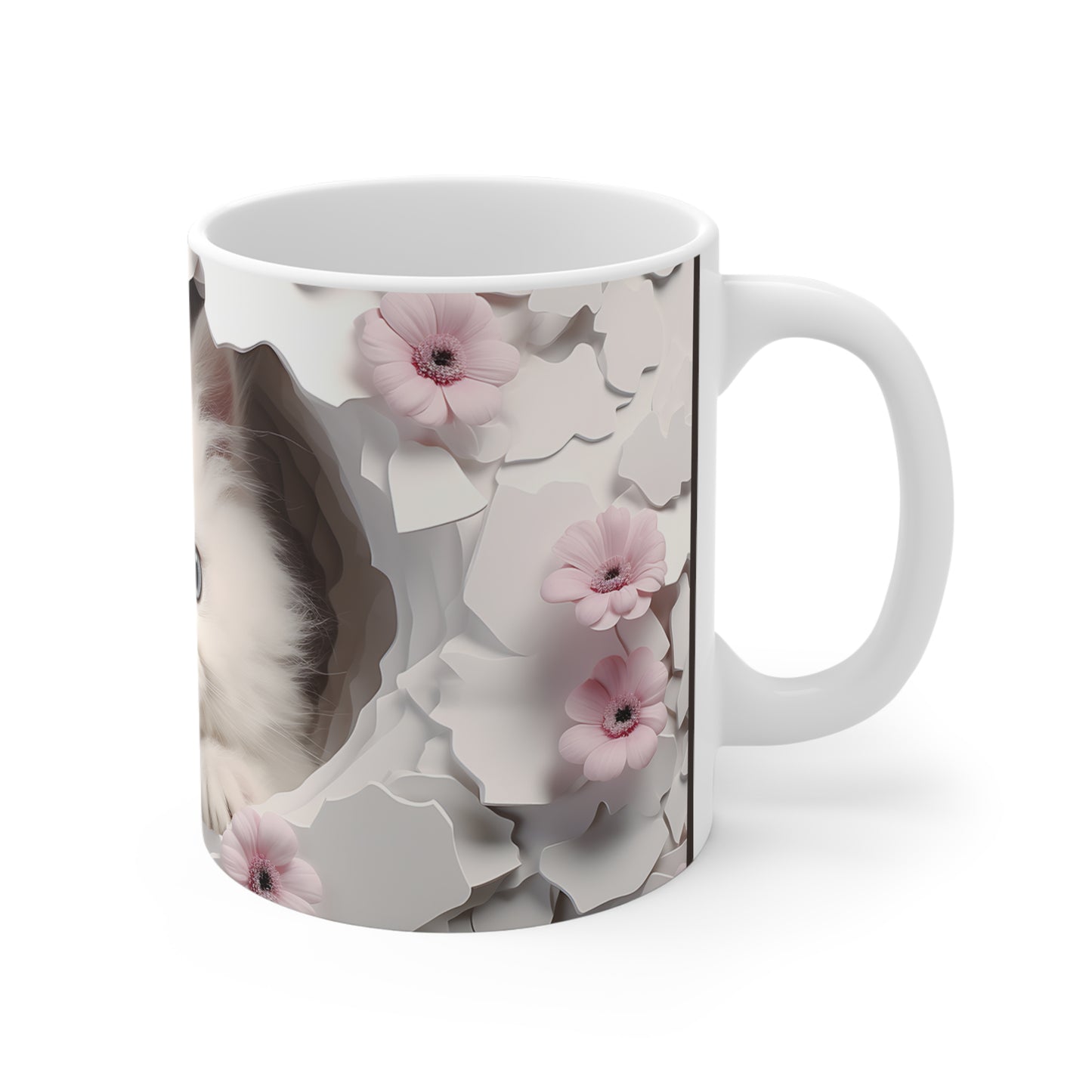 Cute White Kitten Ceramic Mug, Pink & Brown — Floral Peek-A-Boo Coffee Cup (11/15/20oz)