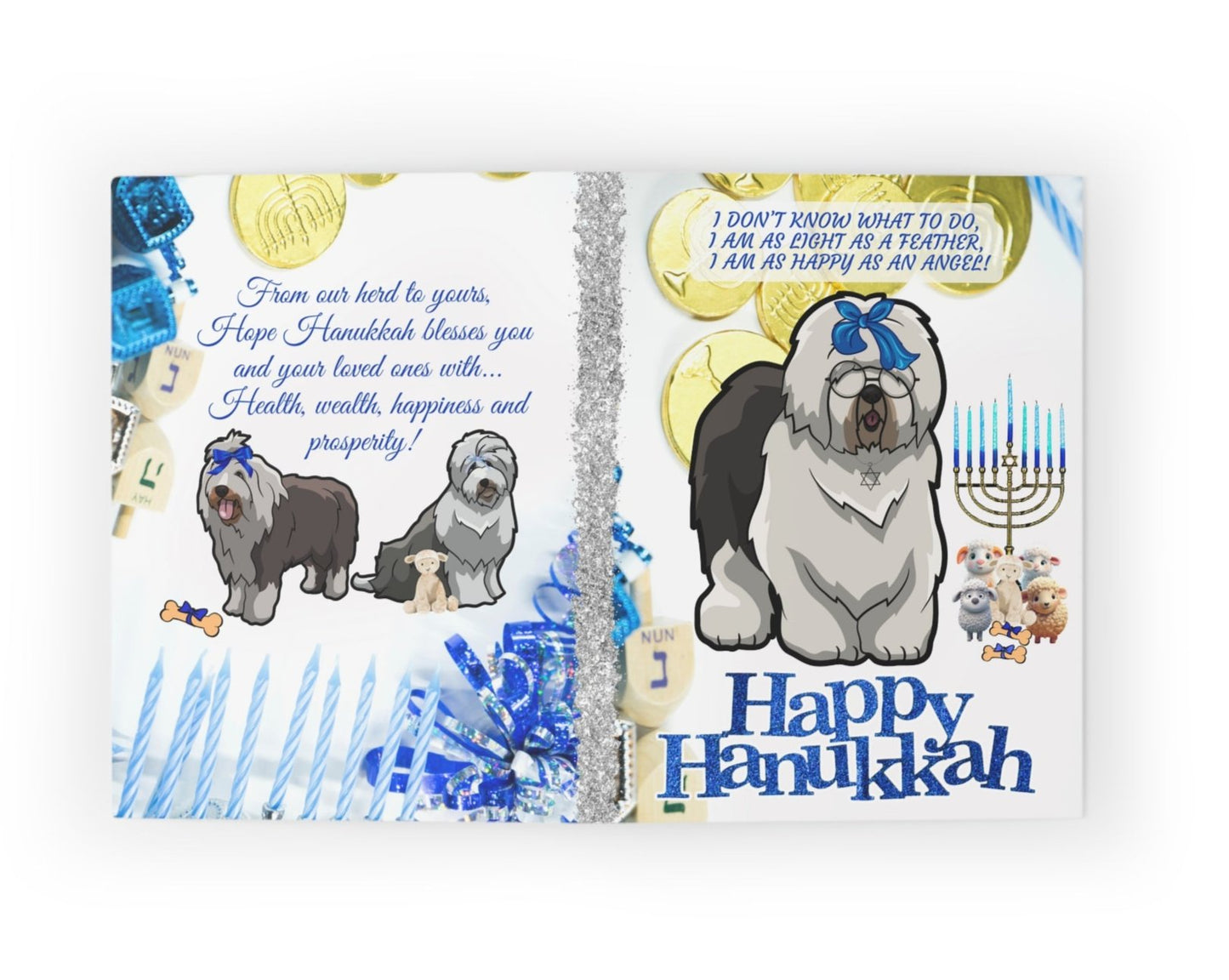 Hanukkah Greeting Card, Bah Humbug 5x7" Greeting Card, Hanukkah, Old English Sheepdog