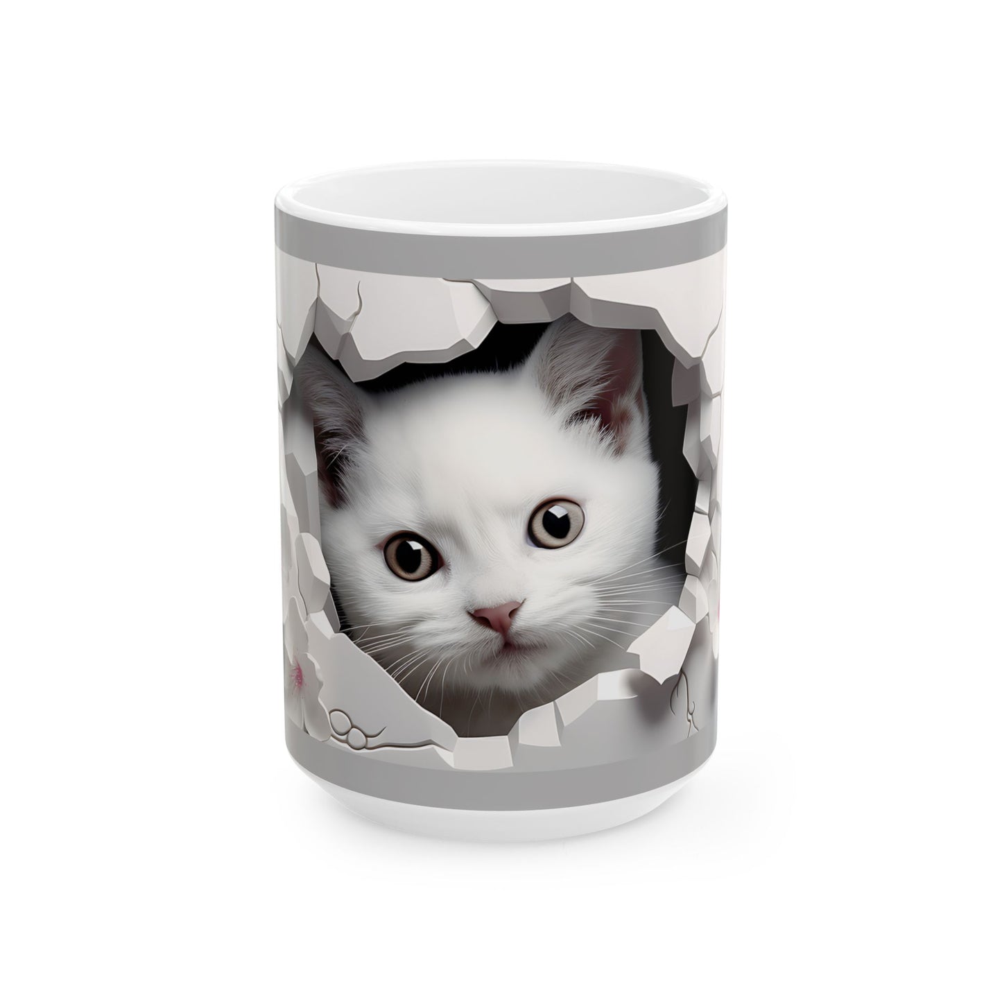 Peekaboo Kitten Ceramic Mug, Gray— Cute White Cat Coffee Cup (11oz, 15oz)