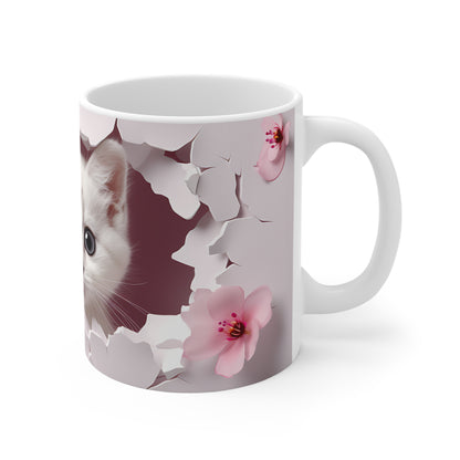 Cat Lover Coffee Cup- Cute Kitten Peeking Floral Ceramic Mug, Mauve (11/15/20oz)