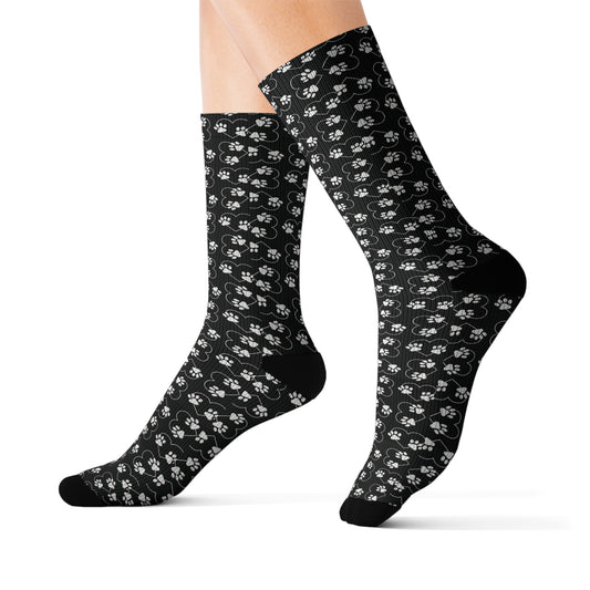 Paw Print Socks, Cute Stylish Animal Print Socks, Black Backing with White Paw Print Heart Pattern, 3 Sizes Available