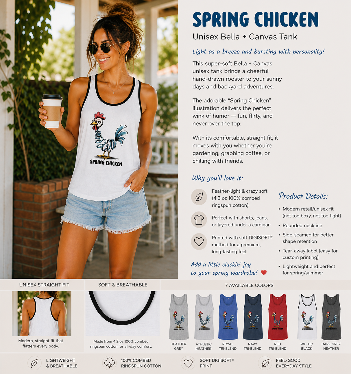 Spring Chicken Comfy Fit Tank Top - Unisex Bella + Canvas Tank, Multi Colors