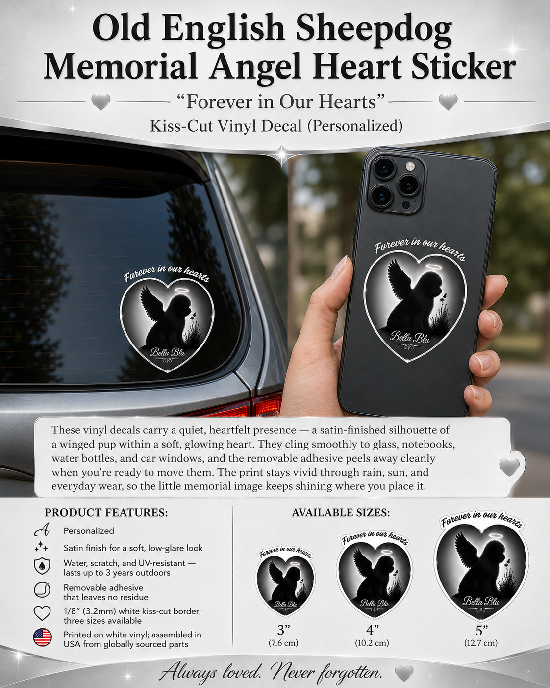 Old English Sheepdog Memorial Angel Heart Decal — (Personalizable)