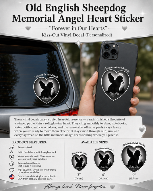 Old English Sheepdog Memorial Angel Heart Decal — (Personalizable)