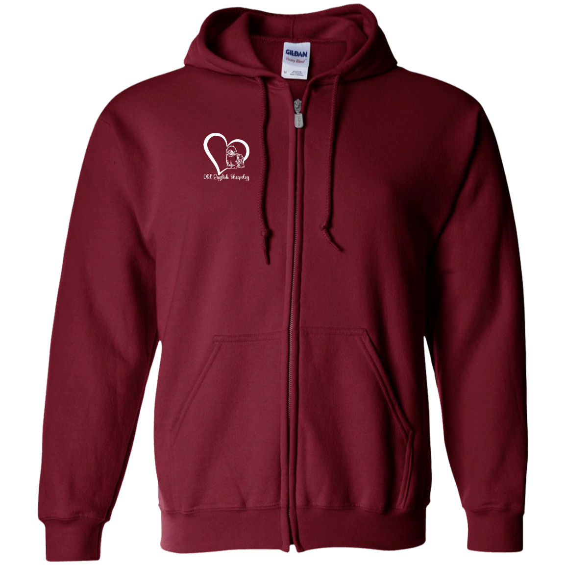 Old English Sheepdog Heart, w/White Writing, Front Design, Zipped Hoodie, Gildan Cotton/Polyester Hooded Sweatshirt