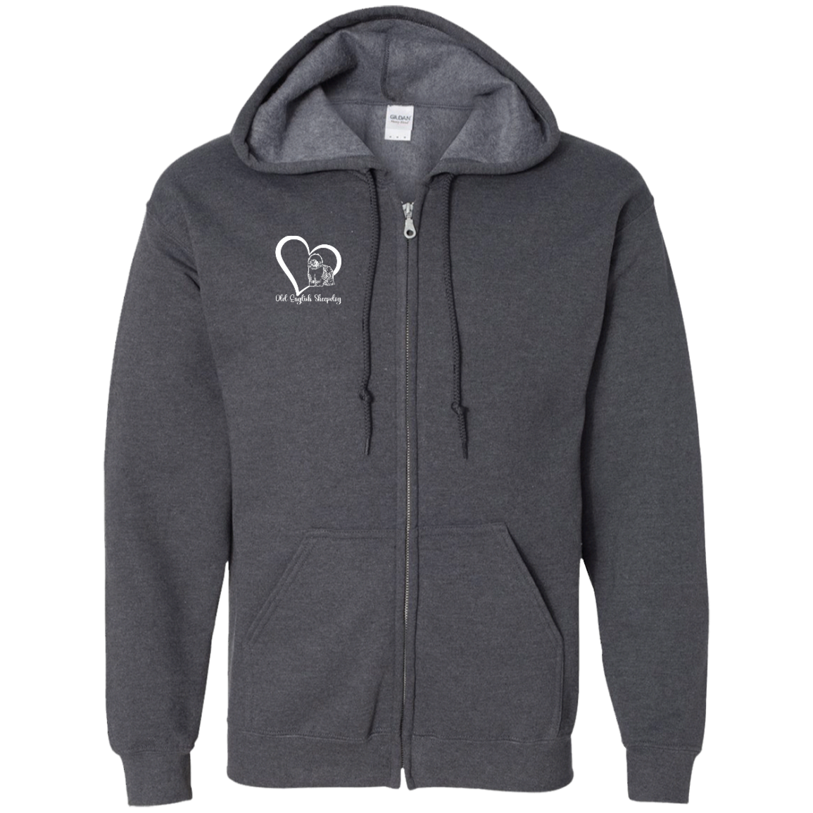 Old English Sheepdog Heart, w/White Writing, Front Design, Zipped Hoodie, Gildan Cotton/Polyester Hooded Sweatshirt