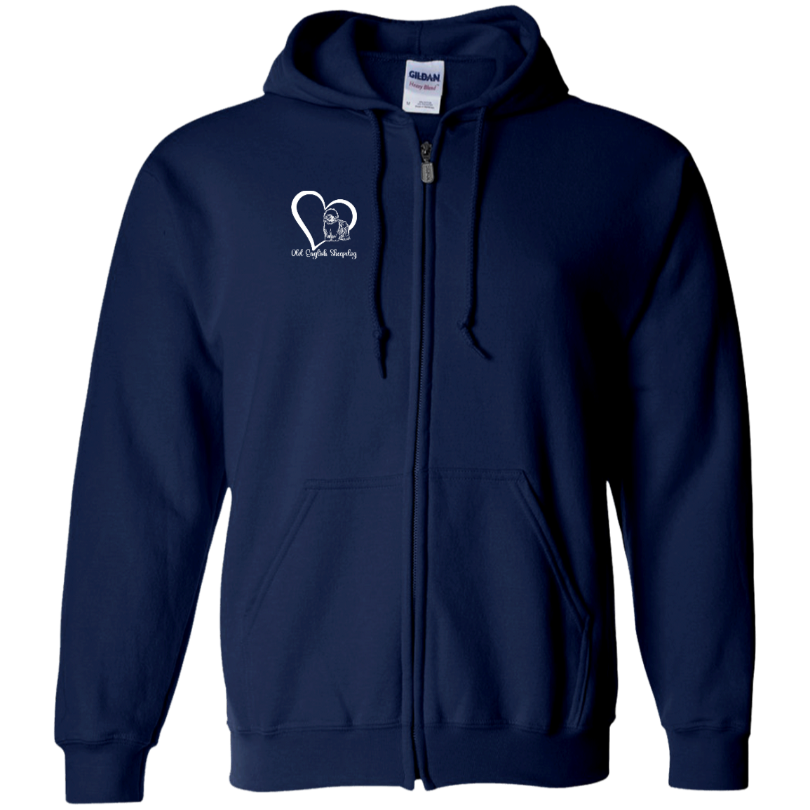 Old English Sheepdog Heart, w/White Writing, Front Design, Zipped Hoodie, Gildan Cotton/Polyester Hooded Sweatshirt