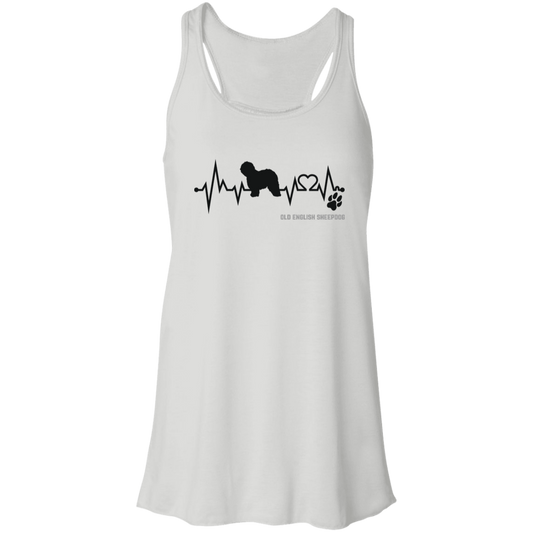 Old English Sheepdog Heartbeat EKG Line, Flowy Racerback Tank