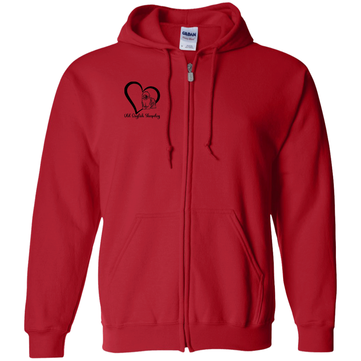 Old English Sheepdog Heart, w/Black Writing, Front Design, Zipped Hoodie, Gildan Cotton/Polyester Hooded Sweatshirt