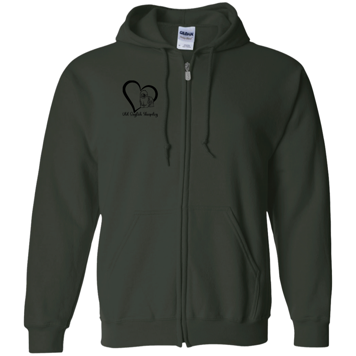 Old English Sheepdog Heart, w/Black Writing, Front Design, Zipped Hoodie, Gildan Cotton/Polyester Hooded Sweatshirt