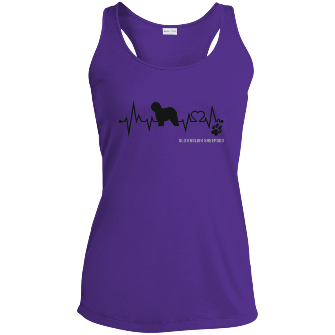 Women's Performance Racerback Tank, EKG Heartbeat Old English Sheepdog