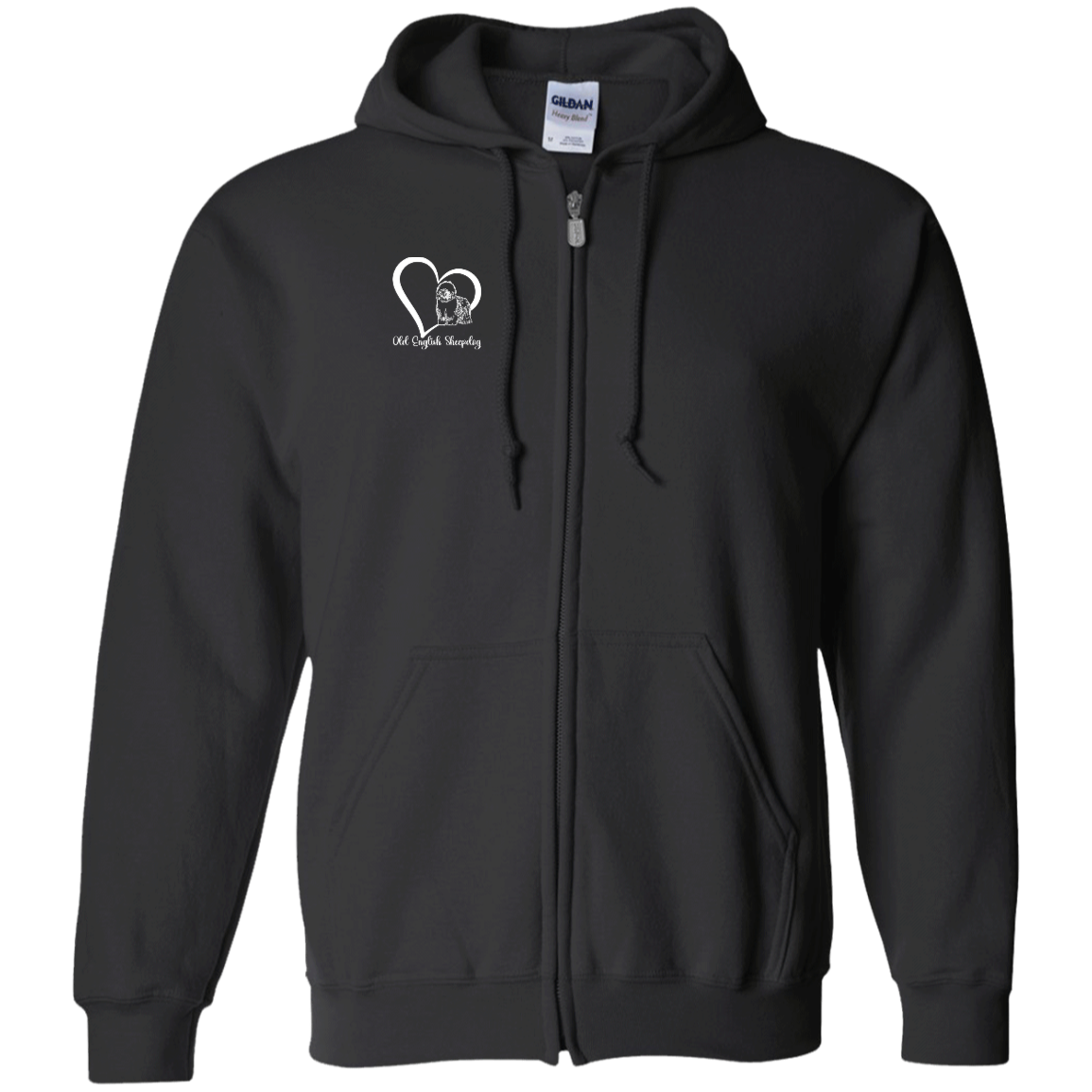 Old English Sheepdog Heart, w/White Writing, Front Design, Zipped Hoodie, Gildan Cotton/Polyester Hooded Sweatshirt