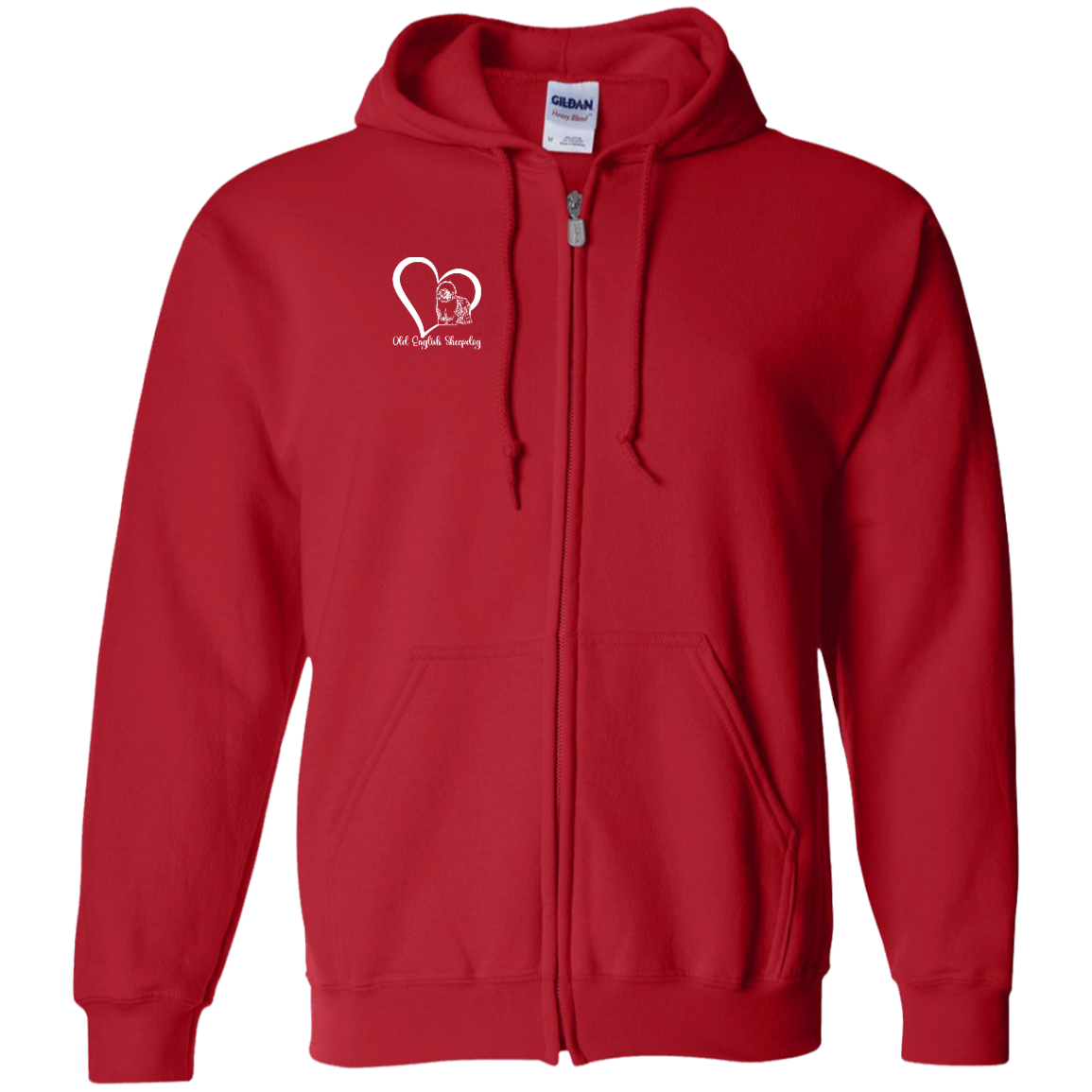 Old English Sheepdog Heart, w/White Writing, Front Design, Zipped Hoodie, Gildan Cotton/Polyester Hooded Sweatshirt