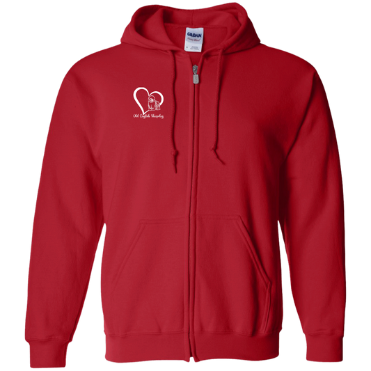 Old English Sheepdog Heart, w/White Writing, Front Design, Zipped Hoodie, Gildan Cotton/Polyester Hooded Sweatshirt