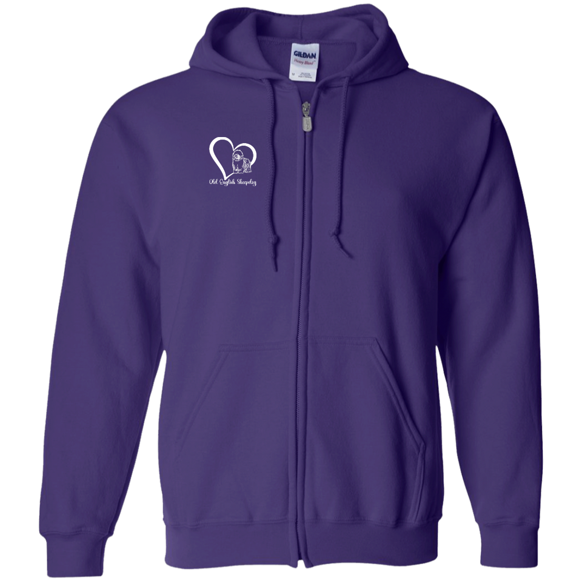 Old English Sheepdog Heart, w/White Writing, Front Design, Zipped Hoodie, Gildan Cotton/Polyester Hooded Sweatshirt