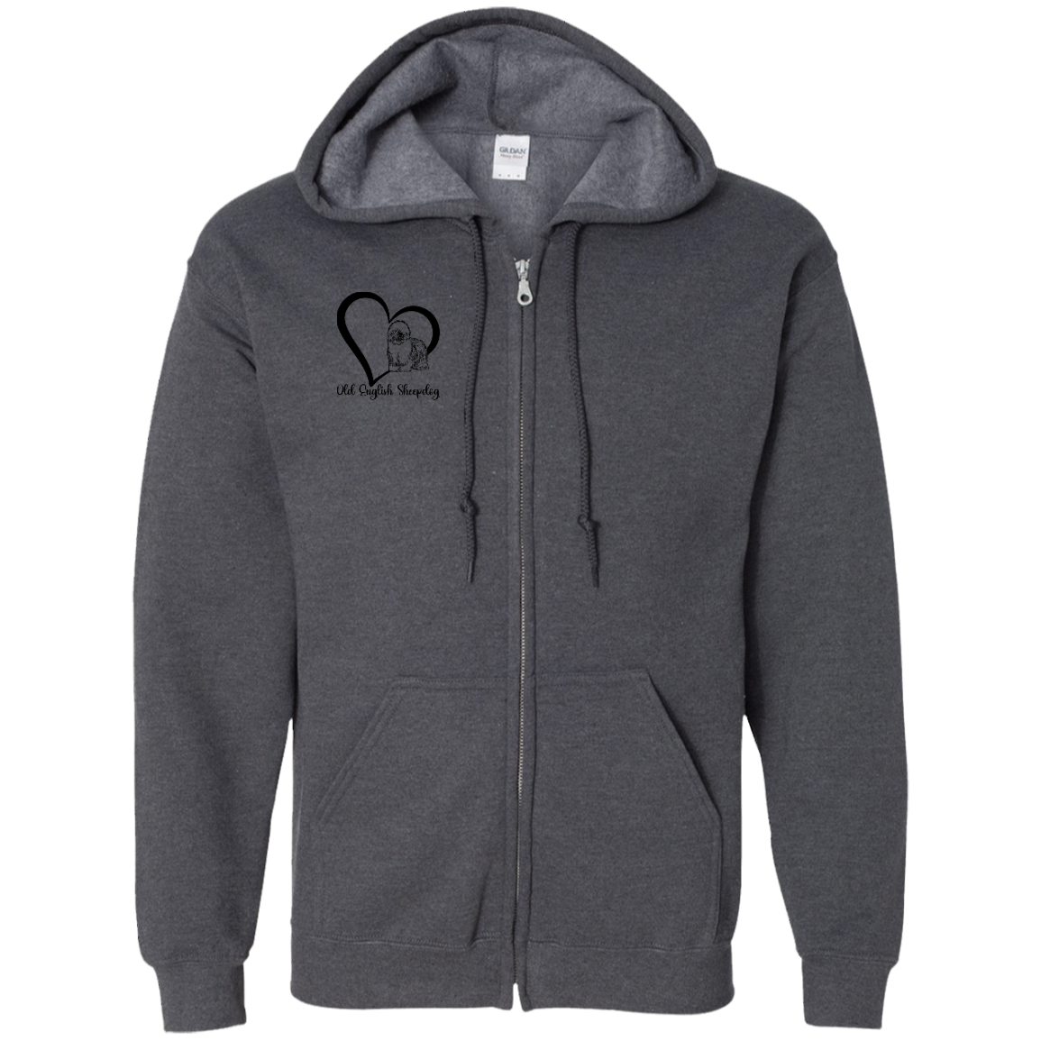 Old English Sheepdog Heart, w/Black Writing, Front Design, Zipped Hoodie, Gildan Cotton/Polyester Hooded Sweatshirt