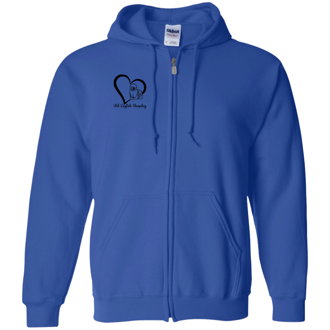 Old English Sheepdog Heart, w/Black Writing, Front Design, Zipped Hoodie, Gildan Cotton/Polyester Hooded Sweatshirt