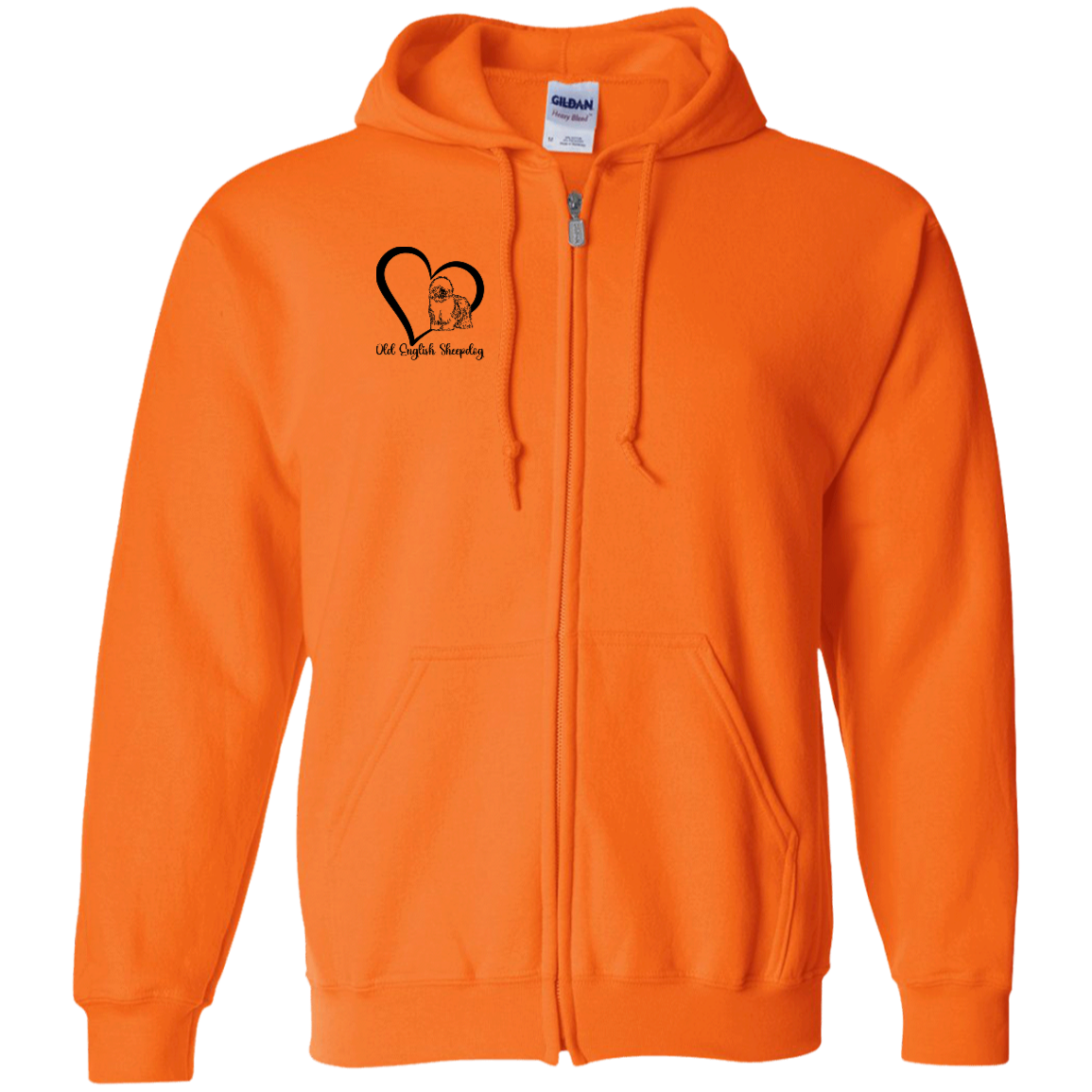 Old English Sheepdog Heart, w/Black Writing, Front Design, Zipped Hoodie, Gildan Cotton/Polyester Hooded Sweatshirt