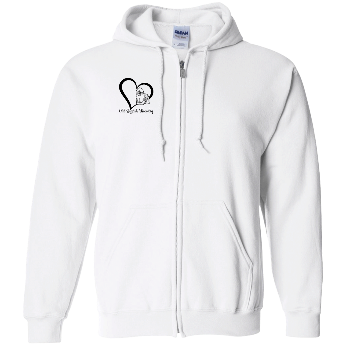 Old English Sheepdog Heart, w/Black Writing, Front Design, Zipped Hoodie, Gildan Cotton/Polyester Hooded Sweatshirt