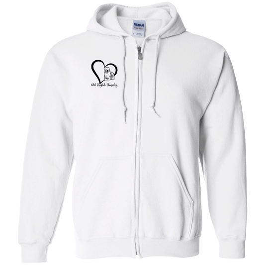 Old English Sheepdog Heart, w/Black Writing, Front Design, Zipped Hoodie, Gildan Cotton/Polyester Hooded Sweatshirt