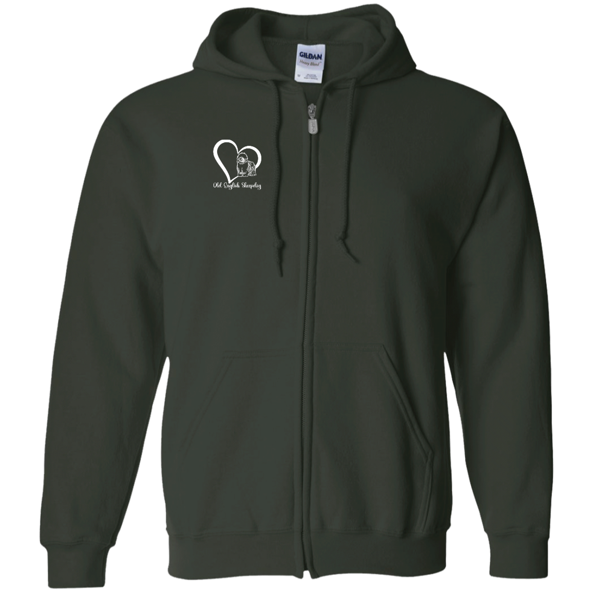 Old English Sheepdog Heart, w/White Writing, Front Design, Zipped Hoodie, Gildan Cotton/Polyester Hooded Sweatshirt