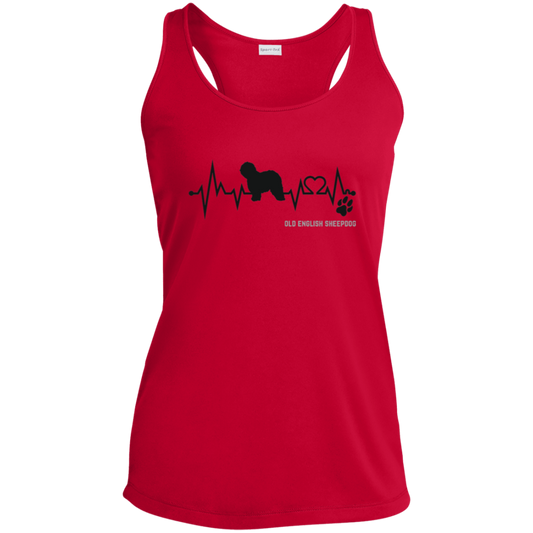 Women's Performance Racerback Tank, EKG Heartbeat Old English Sheepdog