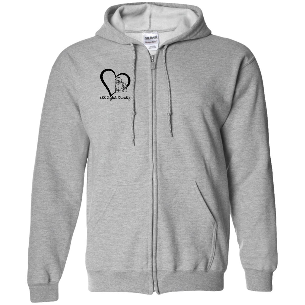 Old English Sheepdog Heart, w/Black Writing, Front Design, Zipped Hoodie, Gildan Cotton/Polyester Hooded Sweatshirt