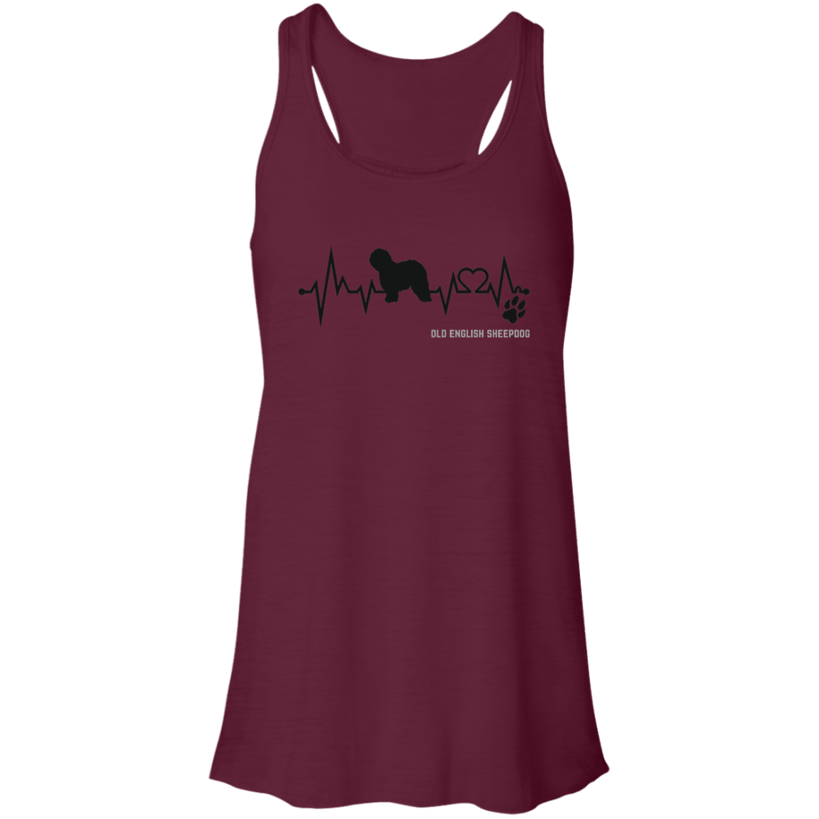 Old English Sheepdog Heartbeat EKG Line, Flowy Racerback Tank