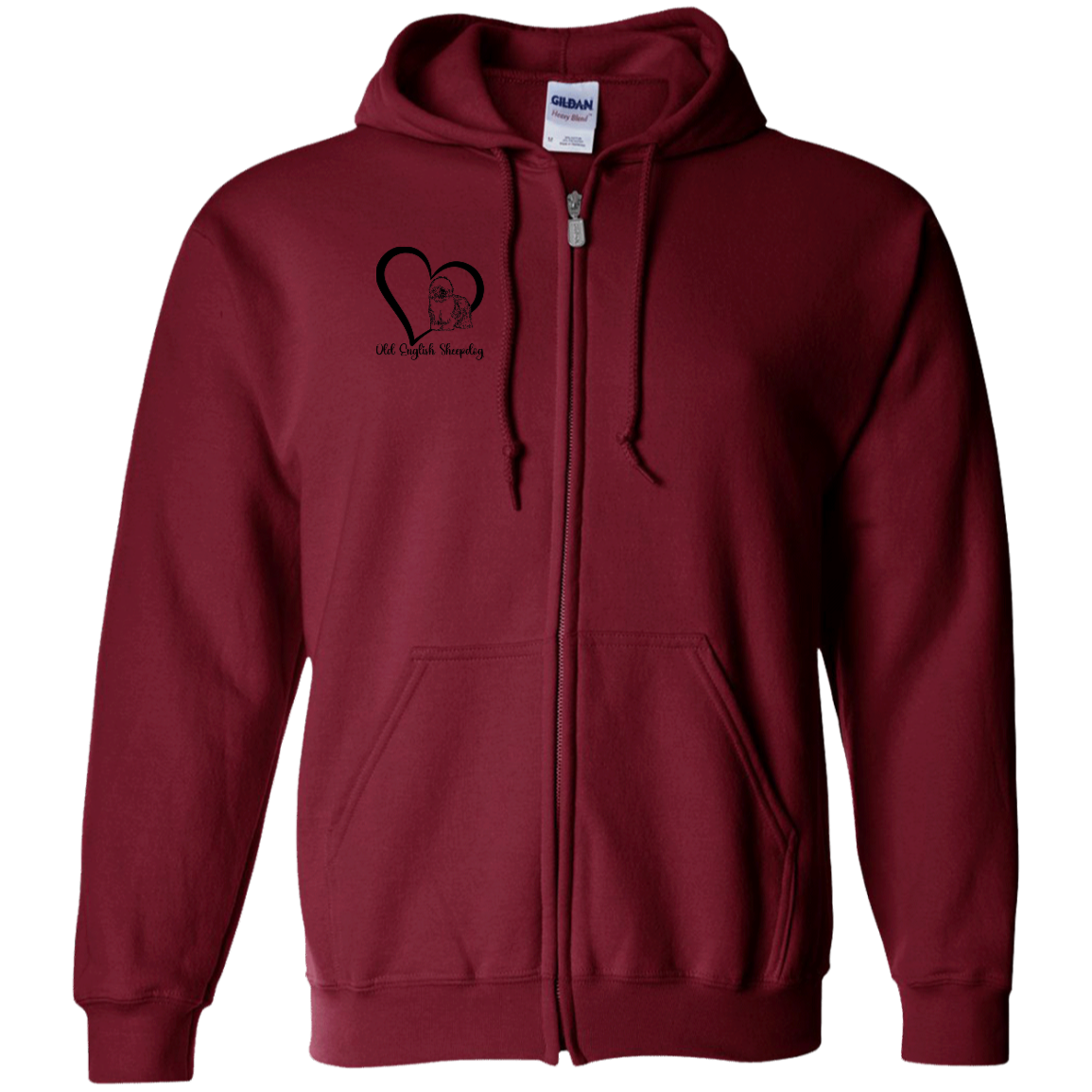 Old English Sheepdog Heart, w/Black Writing, Front Design, Zipped Hoodie, Gildan Cotton/Polyester Hooded Sweatshirt