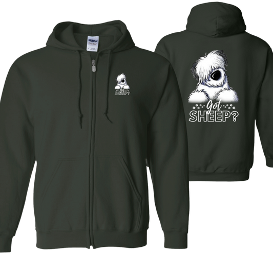 Got Sheep? Old English Sheepdog Zipped Hoodie, Front and Back Graphics, White Font