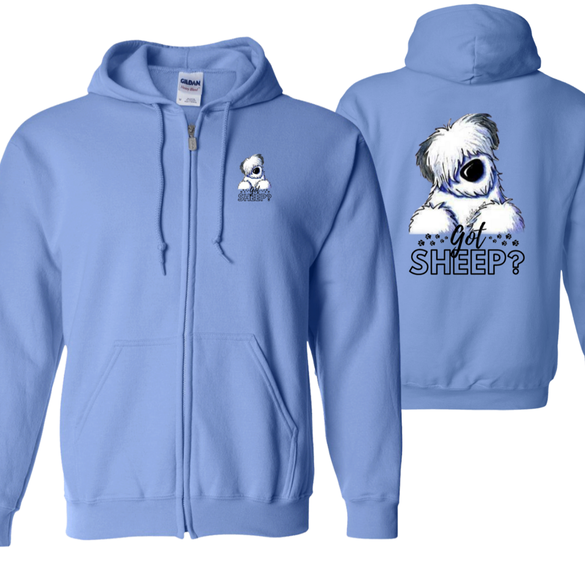 Got Sheep? Old English Sheepdog Zipped Hoodie, Front and Back Graphics, Black Font