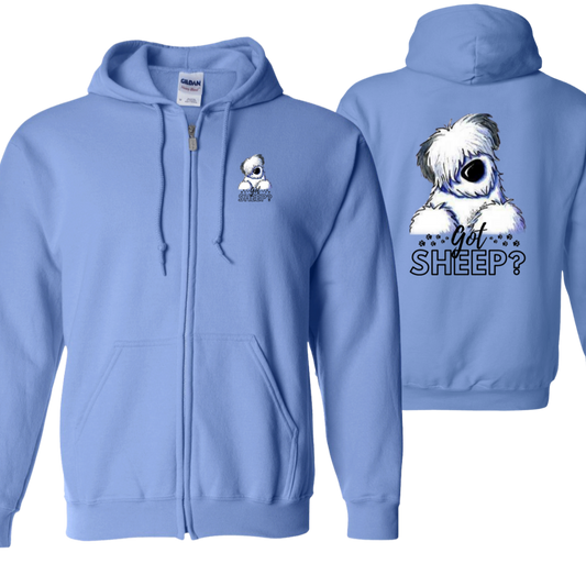 Got Sheep? Old English Sheepdog Zipped Hoodie, Front and Back Graphics, Black Font