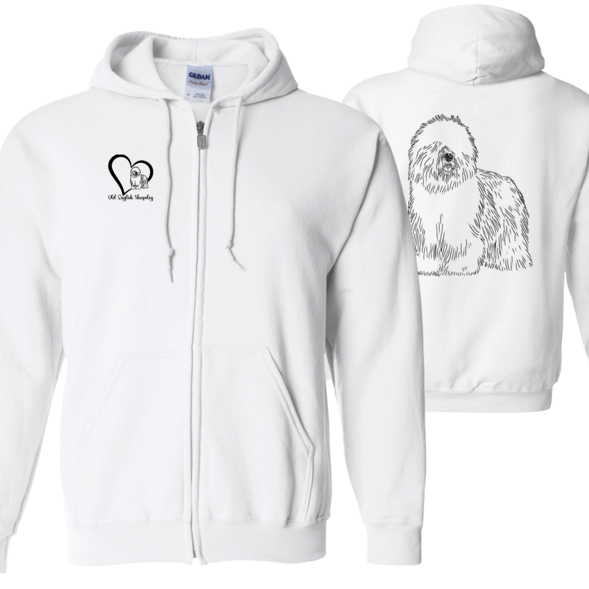 Old English Sheepdog Zipped Hoodie, Front and Back Graphic, Black Font