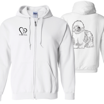 Old English Sheepdog Zipped Hoodie, Front and Back Graphic, Black Font