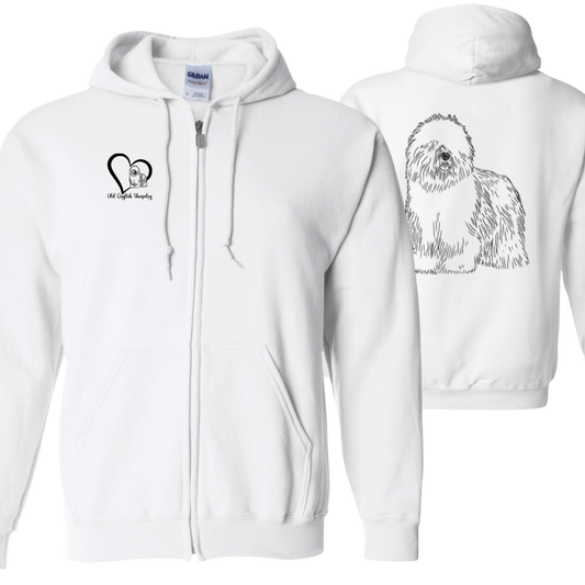 Old English Sheepdog Zipped Hoodie, Front and Back Graphic, Black Font