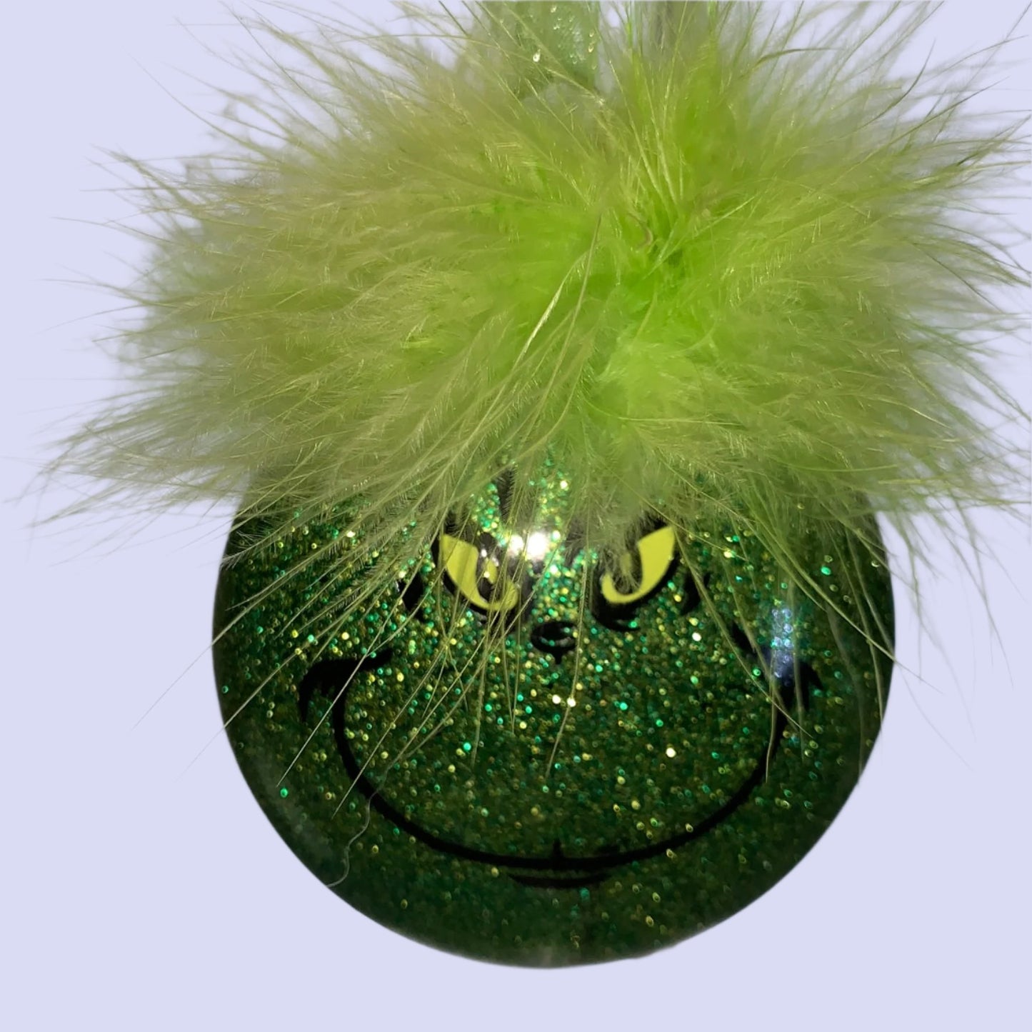 Oh Those Grinchie Eyes and Smirky Smile and Green Hair Handmade Glass Ornament