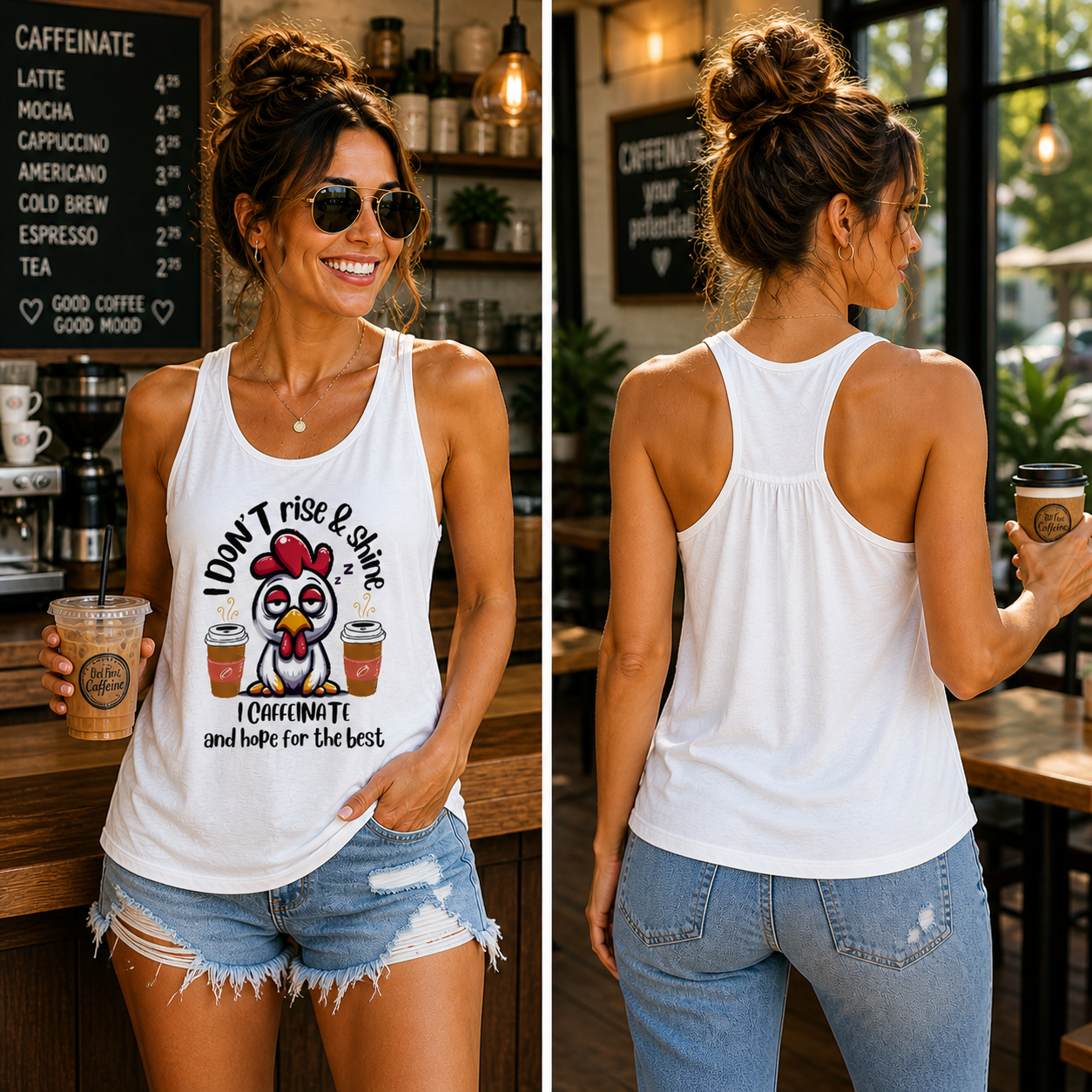 "I Don’t Rise & Shine, I Caffeinate..." - Women's Flowy Racer Back Tank Top