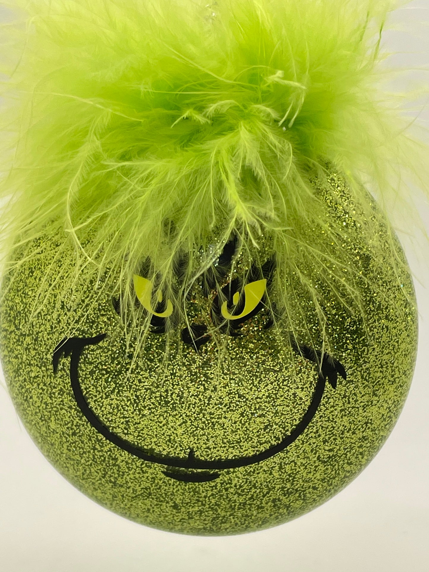 Oh Those Grinchie Eyes and Smirky Smile and Green Hair Handmade Glass Ornament