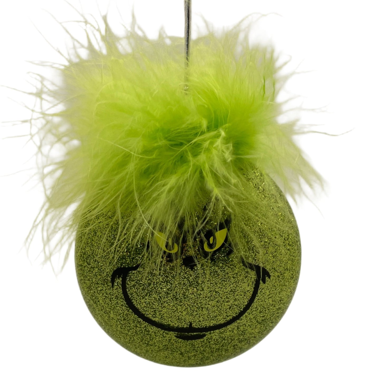 Oh Those Grinchie Eyes and Smirky Smile and Green Hair Handmade Glass Ornament