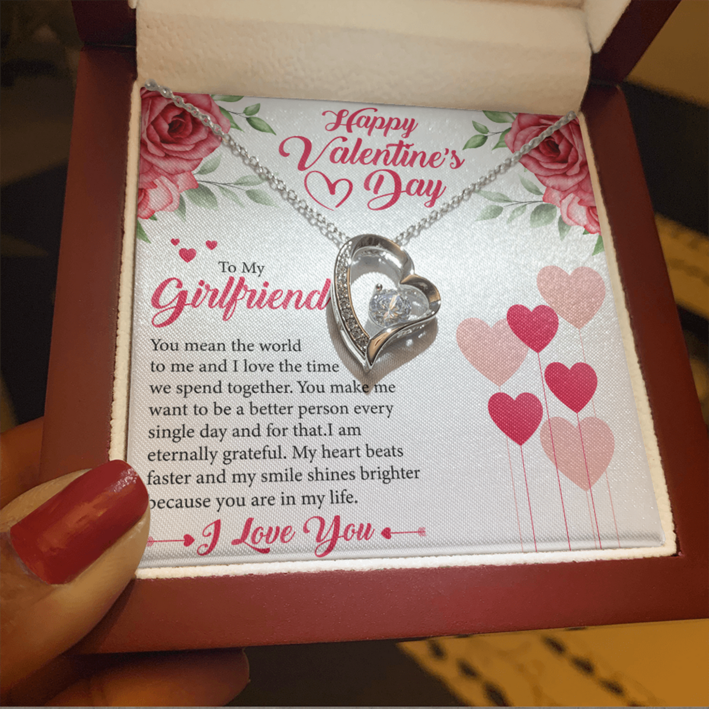 To My Girlfriend, My Valentine, Valentines Day Gift For Girlfriend, Heart Pendant Necklace, Heart Necklace with Message Card